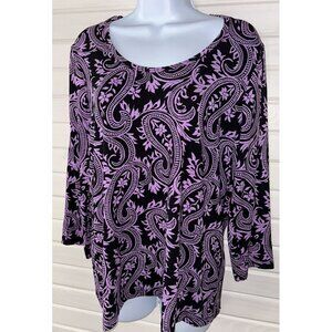 Chico's Sz 2 (LARGE) Touch Of Cool Paisley 3/4 Sleeve Tee Tunic Purple Black EUC